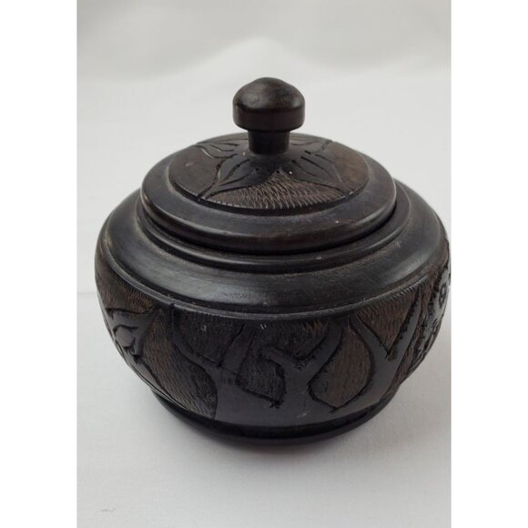 Vintage Africa Wooden Bowl Carved Round Elephants with Lid - Picture 2 of 8